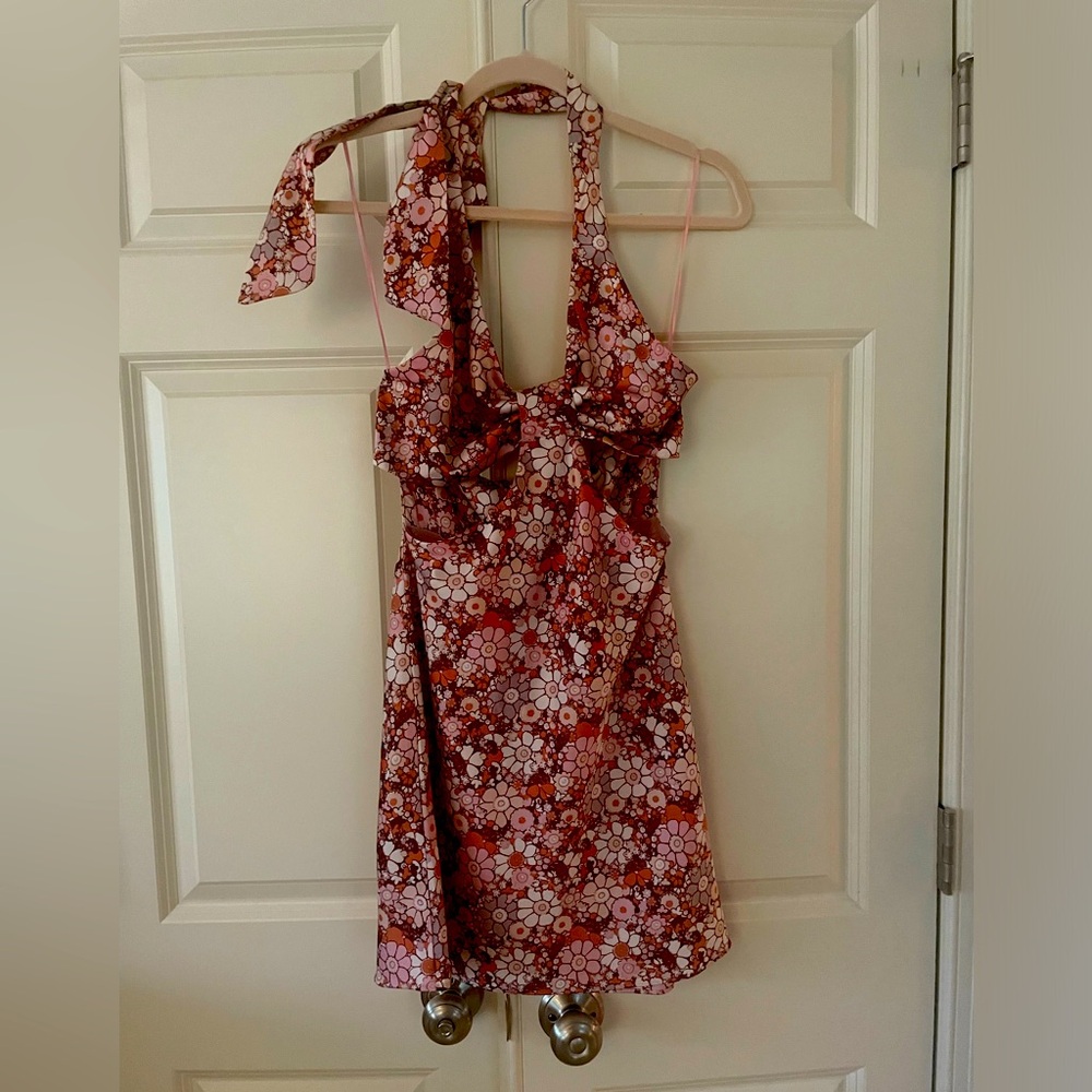 Mod Floral Halter Cut-Out Mini-Dress, S